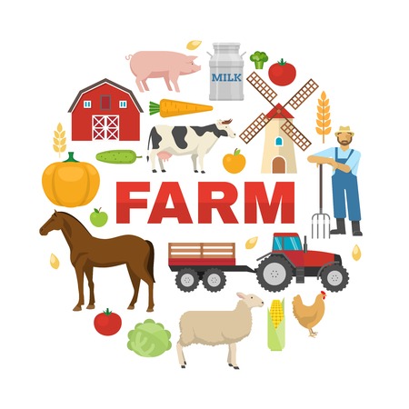 Farm round design with fruit vegetables rural animals barn windmill tractor on white background vector illustrationのイラスト素材