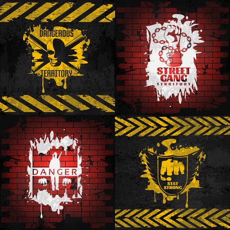 Street fighting compositions with white and yellow combat elements on brick and black backgrounds isolated vector illustrationのイラスト素材
