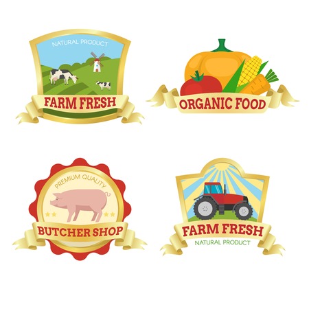 Farm food colorful emblems with agricultural landscape vegetables pig tractor in sunny rays isolated vector illustrationのイラスト素材