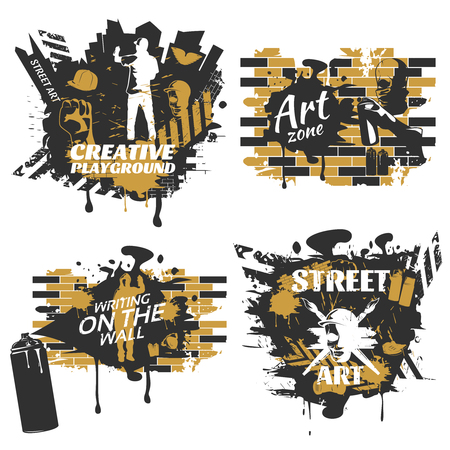 Street art compositions with white inscriptions silhouettes of painters crosswalks on brick wall background isolated vector illustrationのイラスト素材