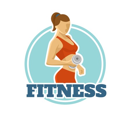 Fitness flat design with sportive young woman dumbbell on background of blue circle isolated vector illustrationのイラスト素材
