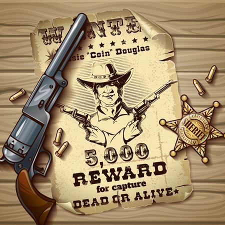 Sheriff stars vintage design with poster of wanted police badge cartridges gun on wooden background vector illustrationのイラスト素材