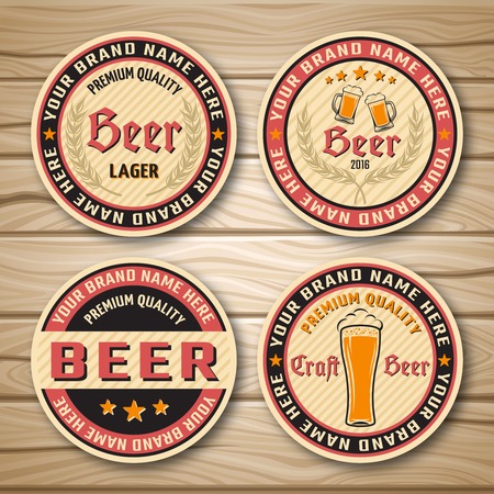 Round beer label or emblem set with descriptions of premium beer and place to locate brand vector illustrationのイラスト素材
