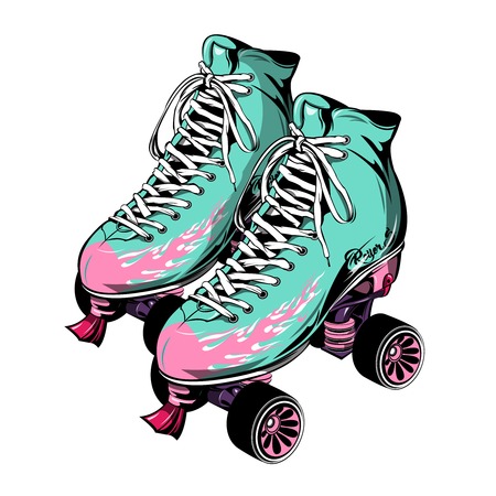 Quad roller skates with laced boots of blue pink color on white background isolated vector...
