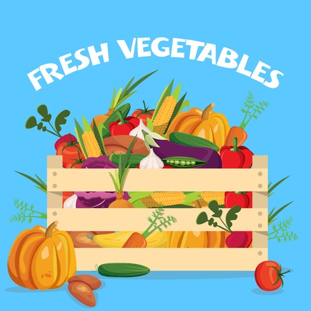 Vegetables colored composition with veggies in a wooden box and headline fresh vegetables vector illustrationのイラスト素材