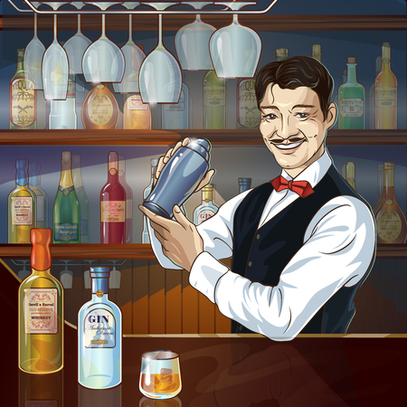 Smiling barman at work with shaker behind counter showcase of alcoholic bottles in background vector illustrationのイラスト素材