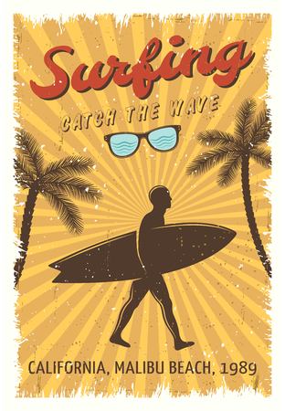 Surfing retro poster with man walking on the beach and headline surfing catch the wave vector illustrationのイラスト素材