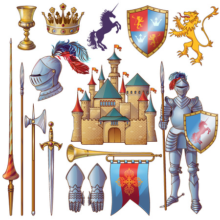 Knight decorative icons set with medieval castle golden goblet armour crown edged weapon shield isolated vector illustrationのイラスト素材