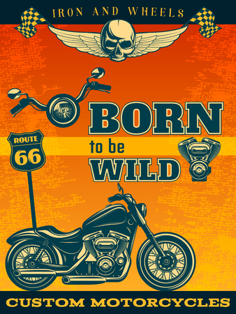 Colored motorcycle poster movement means on road with title or tagline born to be wild vector illustrationのイラスト素材