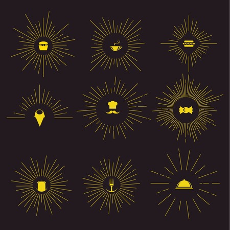Sunburst vintage design set with restaurant icons in center of star  on black background isolated vector illustrationのイラスト素材