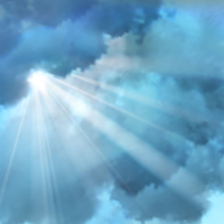 Realistic sunny rays lens flares on background of accumulation of clouds in blue white colors vector illustrationのイラスト素材