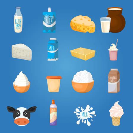 Milk food icon set from cows milk products foods and drinks on blue background vector illustrationのイラスト素材