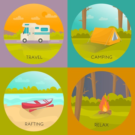 Tourist campings concept with house trailer tent in forest boat on beach night bonfire isolated vector illustrationのイラスト素材