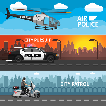 Three horizontal flat police banner set with descriptions of air police city pursuit and city patrol vector illustrationのイラスト素材