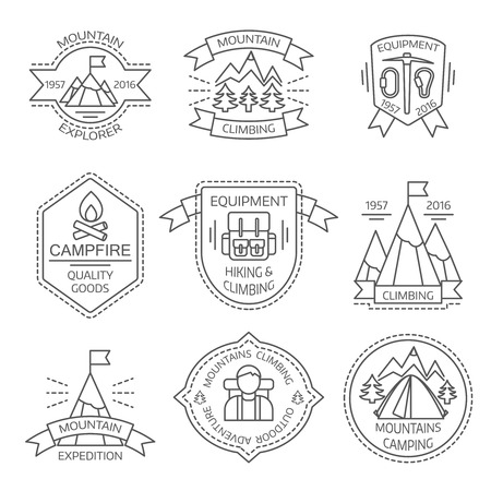 Mountain tourism monochrome linear labels with shields ribbons climbing equipment spruces campfire backpack isolated vector illustrationのイラスト素材