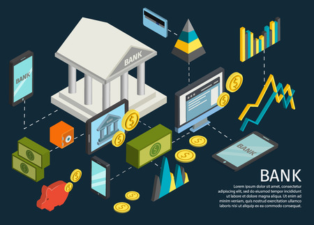 Atm hands isometric poster with dotted lines that lead from the bank to objects and money vector illustrationのイラスト素材