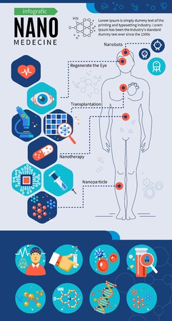 Nanotechnology medicine infographics with icons of innovative materials and medicaments for human body   vector illustrationのイラスト素材