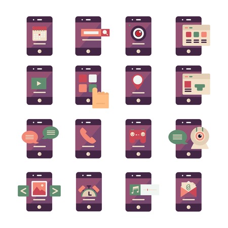 Mobile application icons with signs of menu calendar search music chat on screen phone isolated vector illustrationのイラスト素材