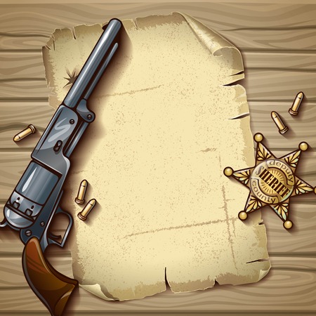 Sheriff stars composition with police badge sheet of old paper gun on wooden background vector illustrationのイラスト素材
