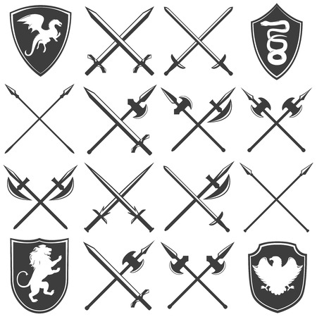 Heraldic armory graphic icons set with dragon lion eagle snake shields gothic swords lances isolated vector illustrationのイラスト素材