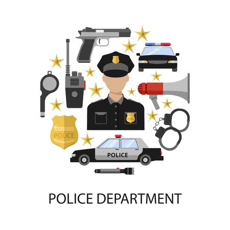 Police department round design with officer in center megaphone gun car handcuffs badge radio stars vector illustrationのイラスト素材
