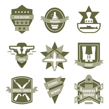 Army khaki emblems with submarine binoculars grenade bomb pistols airplane stars ribbons shields isolated vector illustrationのイラスト素材