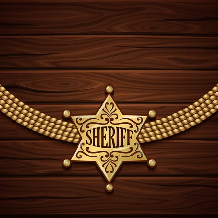 Sheriff badge design with golden shiny six rays star and chain on wooden background vector illustrationのイラスト素材