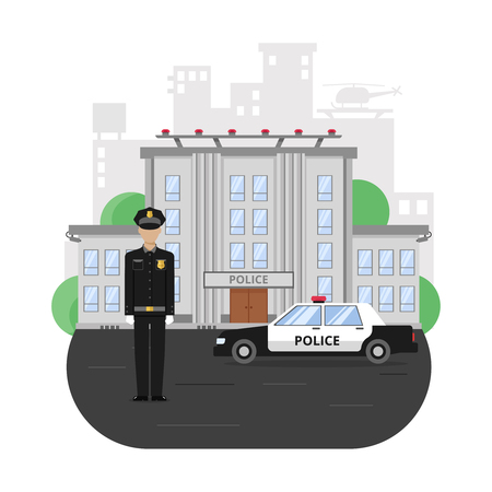 Police building composition with policeman on road near official car on skyscrapers background vector illustrationのイラスト素材