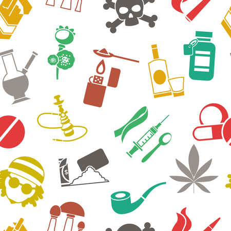 Flat seamless background drugs pattern with isolated colored icons with drugs pills alcohol and cigarettes vector illustrationのイラスト素材