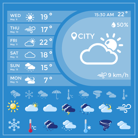 Weather forecast application with temperature for the whole week and icon set at the bottom vector illustrationのイラスト素材