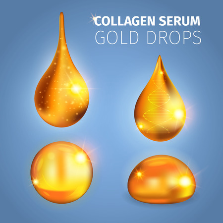 Collagen serum golden drops with shiny surface specks of light dna helix on blue background vector illustrationのイラスト素材