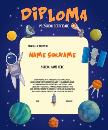 Colored space universe card or diploma preschool certificate on theme of space vector illustrationのイラスト素材