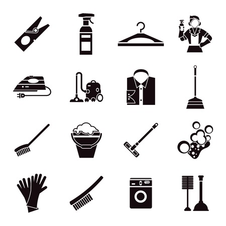 Cleaning black icon set with special tools for washing of premises on white background vector illustrationのイラスト素材