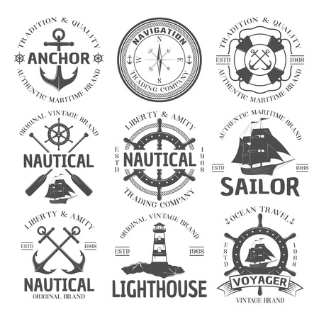 Nautical emblem set with anchor authentic maritime brand navigation trading company nautical original vintage brand descriptions vector illustrationのイラスト素材