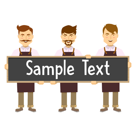 Staff coffee shop composition of three smiling barista with advertising board on white background vector illustrationのイラスト素材