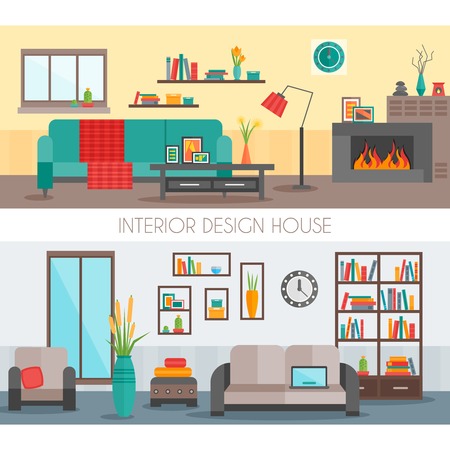 Two colored flat interior compositions with two various types of interior decoration vector illustrationのイラスト素材