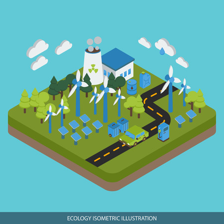 Ecology isometric design with industrial area car on road green energy biofuel on blue background vector illustrationのイラスト素材