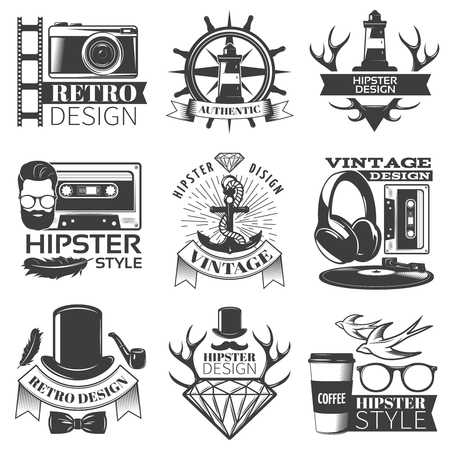 Black hipster emblem set different shapes with ribbon and without and descriptions of hipster style vector illustrationのイラスト素材