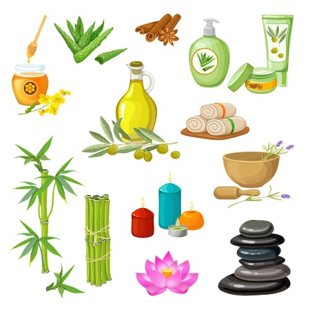 Spa salon decorative elements set with honey bamboo olive oil candles cosmetic stone therapy isolated vector illustrationのイラスト素材