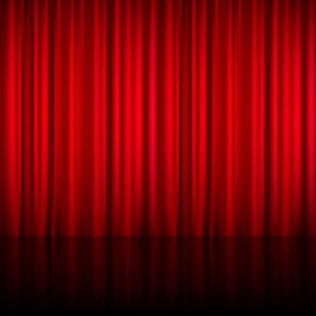 Realistic red theatrical closed curtain of shiny material with reflection on stage floor vector illustrationのイラスト素材