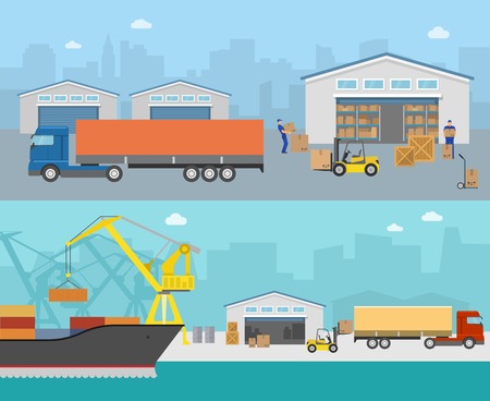 Goods shipment panoramas with loading in truck moving cargo at port on city backgrounds isolated vector illustrationのイラスト素材