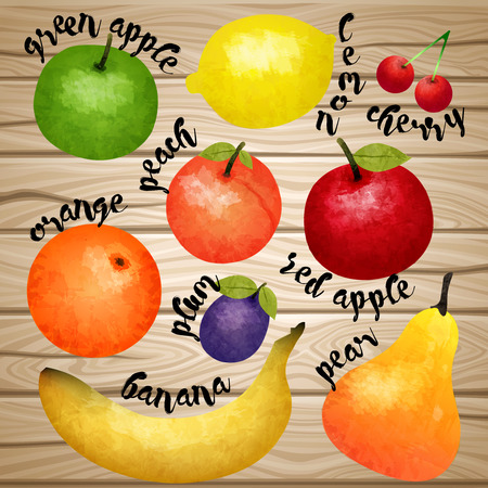 Aqurel fruit collection with citruses tropical and garden harvest black inscriptions on wooden background isolated vector illustrationのイラスト素材