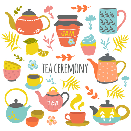 Tea ceremony hand drawn composition with ceramic pots cups colorful flowers leaves lemon black title vector illustrationのイラスト素材
