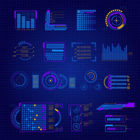 Abstract future interface colored and isolated icon set on digital dark blue background vector illustrationのイラスト素材