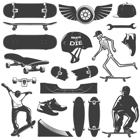 Skateboarding icon set equipment and protection for skater boy isolated and black on white background vector illustrationのイラスト素材