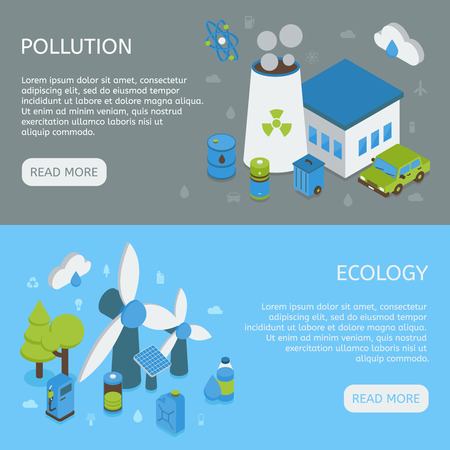 Ecology horizontal isometric banners with environmental pollution green energy on grey and blue backgrounds isolated vector illustrationのイラスト素材