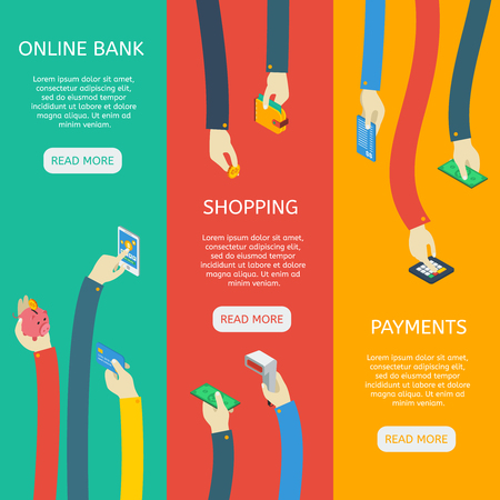 ATM usage isometric vertical banners with hands financial objects online bank shopping payments isolated vector illustrationのイラスト素材