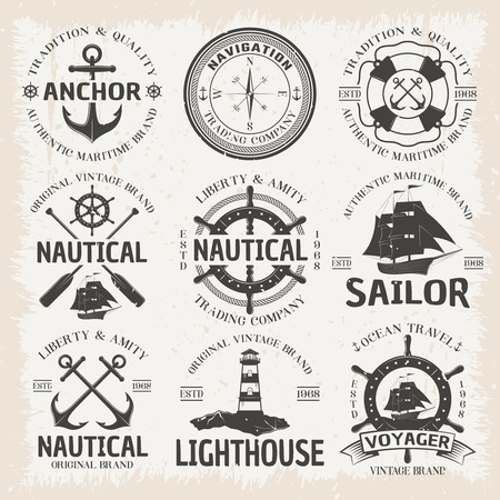 Nautical emblem set in color with ocean travel voyager nautical sailor lighthouse vintage brands descriptions vector illustrationのイラスト素材