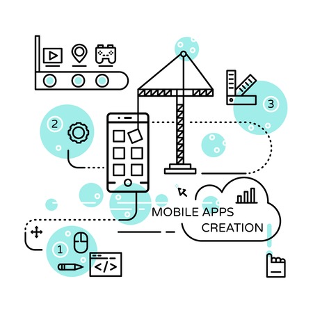 Mobile apps creation linear design with modeling api user interface building process testing vector illustrationのイラスト素材