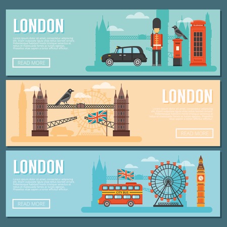 Three colored horizontal london banner set with attractions of the city and buildings and traditions vector illustrationのイラスト素材